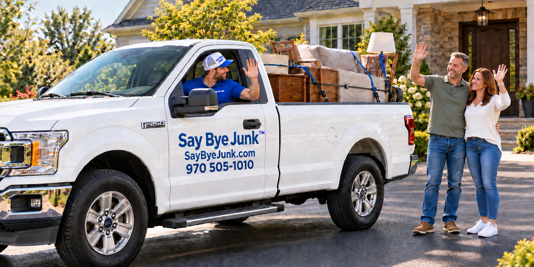 Say Bye Junk™ truck loaded with secured furniture as the driver and homeowners wave goodbye